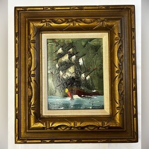 VTG oil painting on canvas textured stylized pirate ship on waters Signed Framed